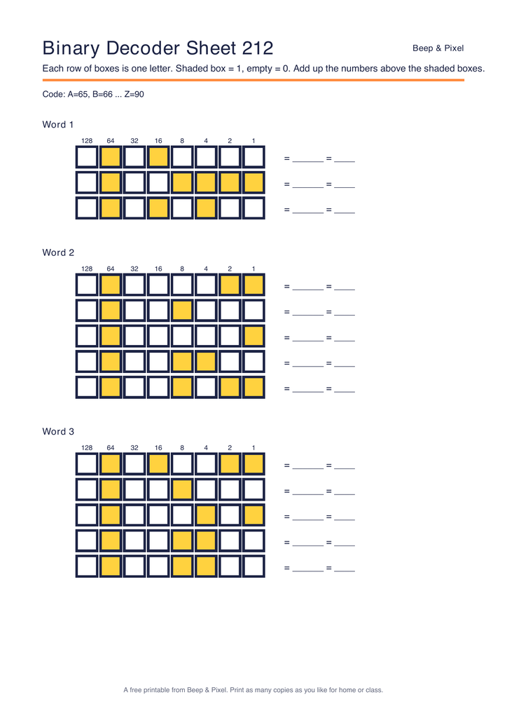 Preview of Binary Decoder Sheet 212 (ASCII code)
