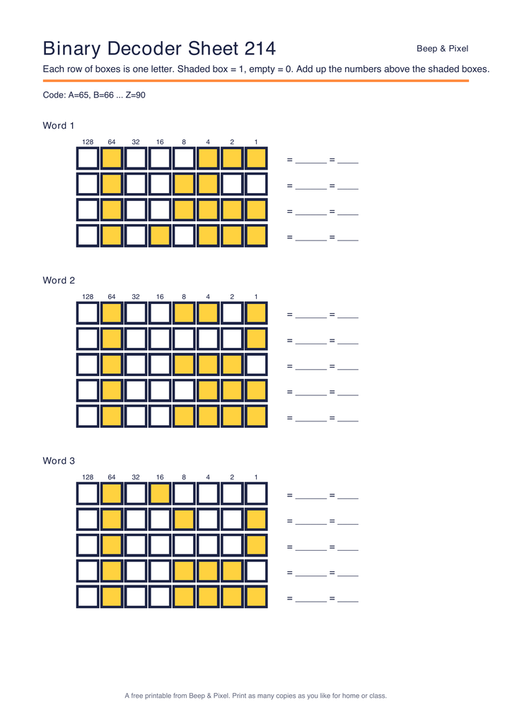 Preview of Binary Decoder Sheet 214 (ASCII code)