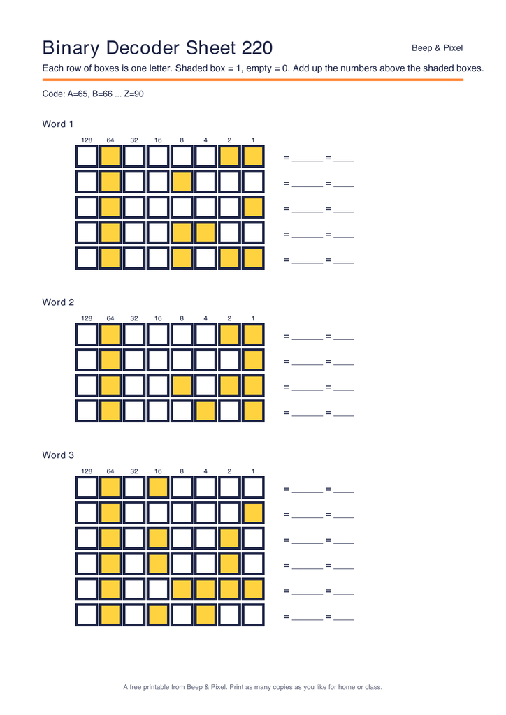 Preview of Binary Decoder Sheet 220 (ASCII code)