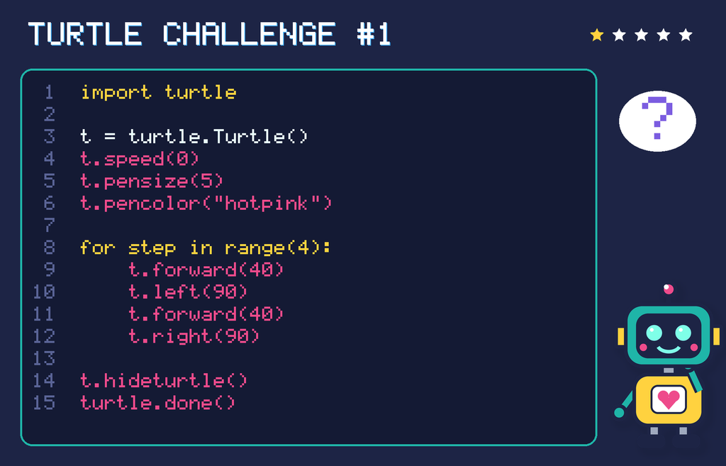 Turtle challenge 1: the code is shown below as text too.