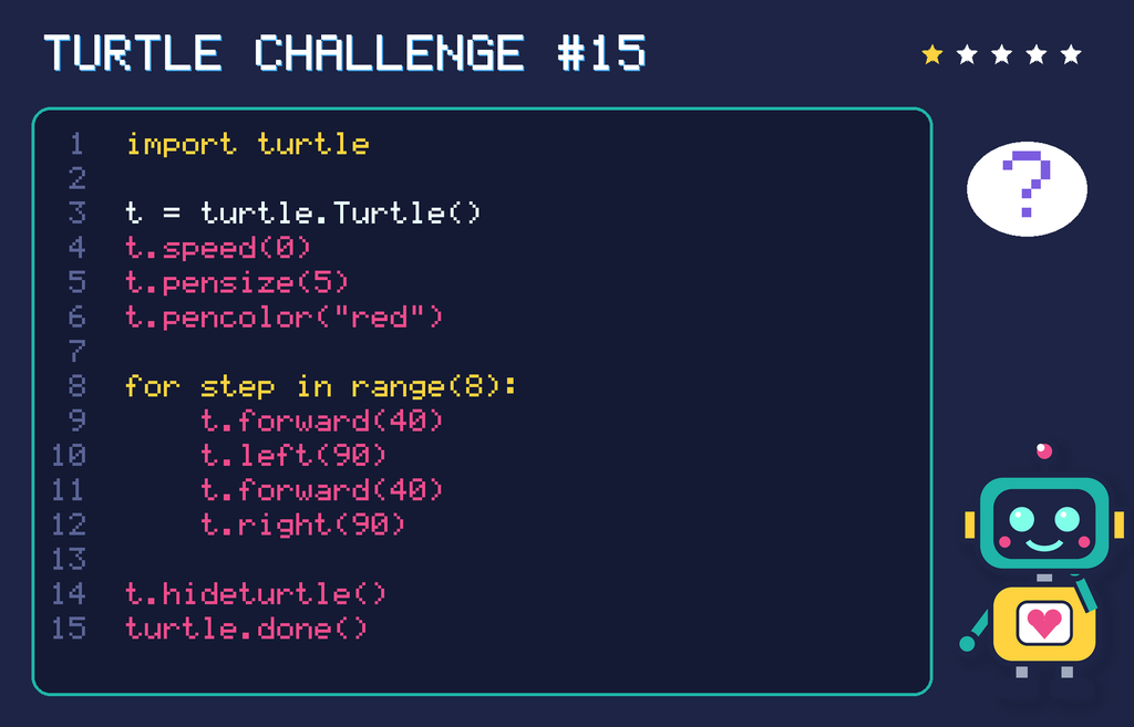 Turtle challenge 15: the code is shown below as text too.