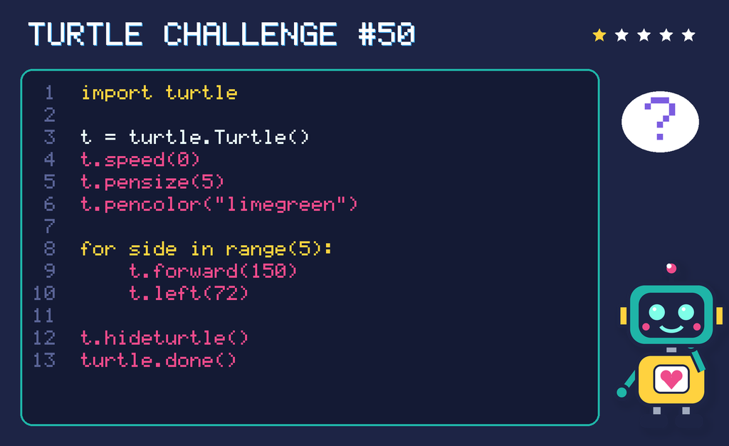 Turtle challenge 50: the code is shown below as text too.
