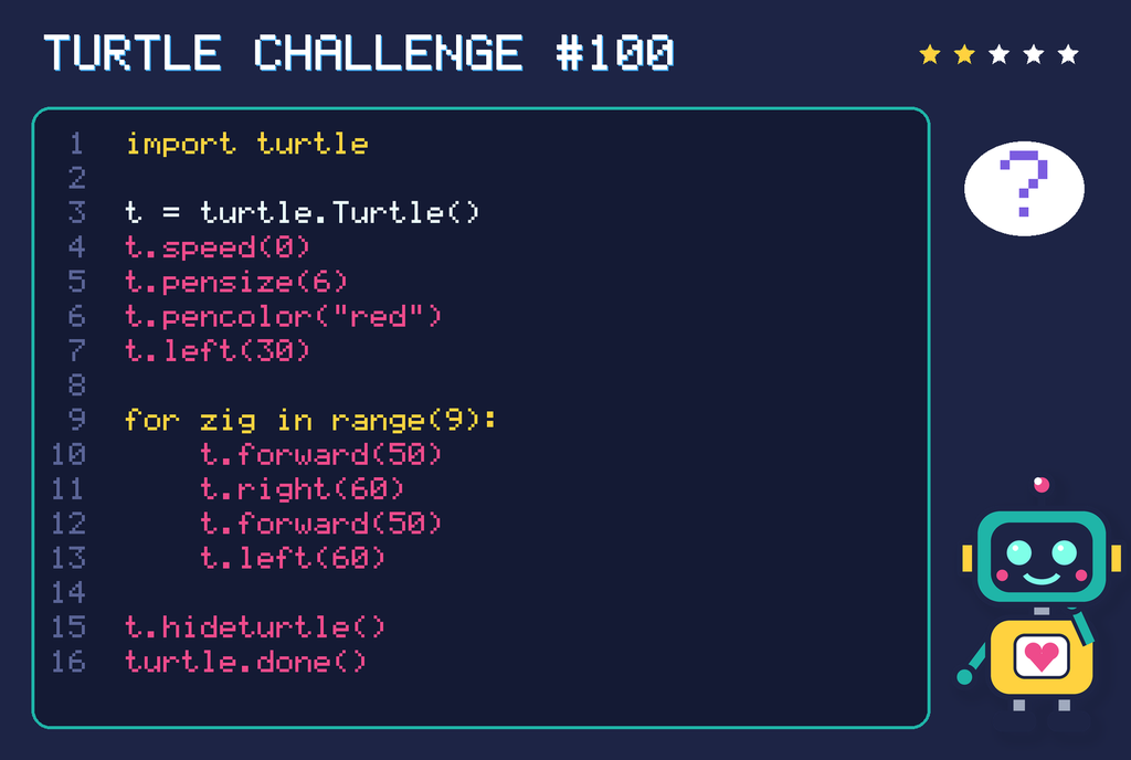 Turtle challenge 100: the code is shown below as text too.