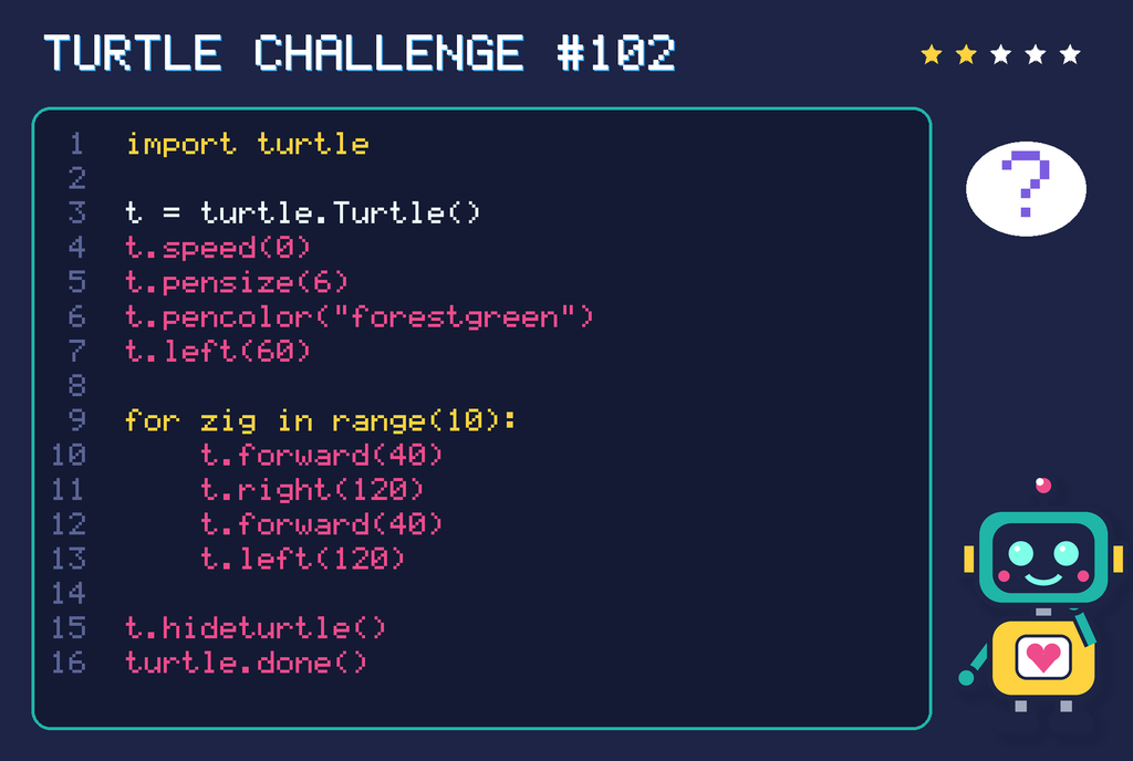 Turtle challenge 102: the code is shown below as text too.