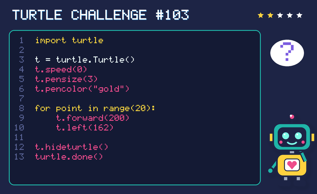 Turtle challenge 103: the code is shown below as text too.