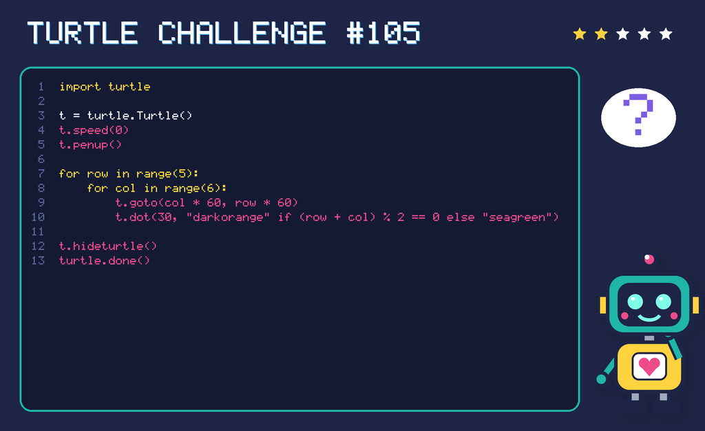 Turtle challenge 105: the code is shown below as text too.