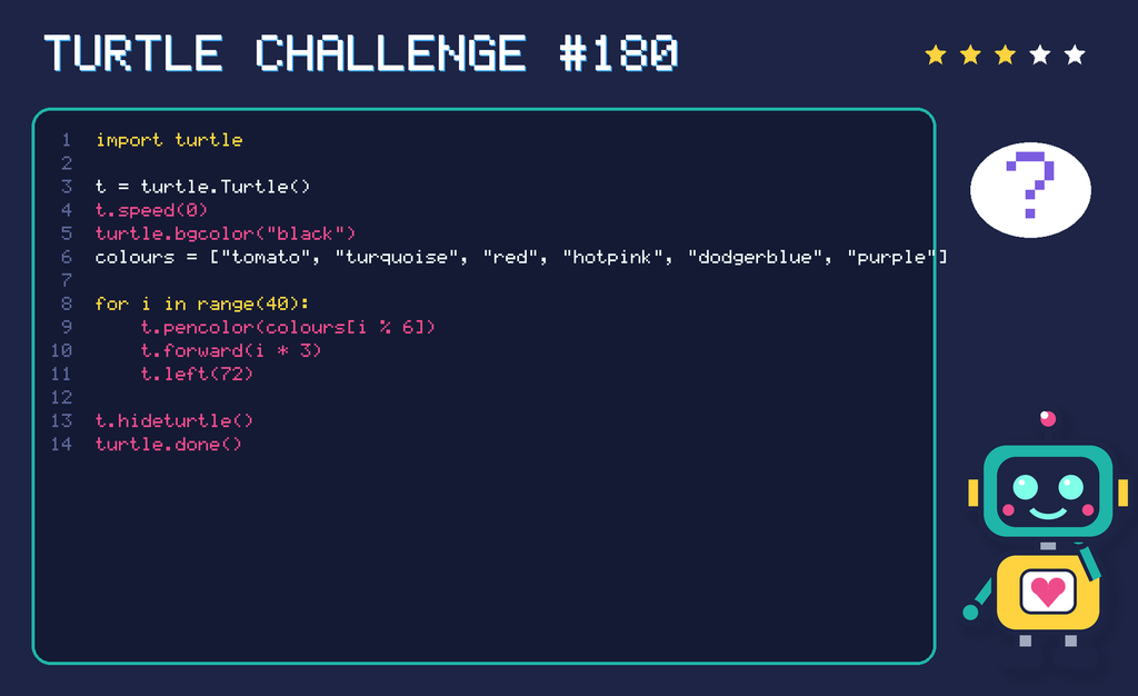 Turtle challenge 180: the code is shown below as text too.