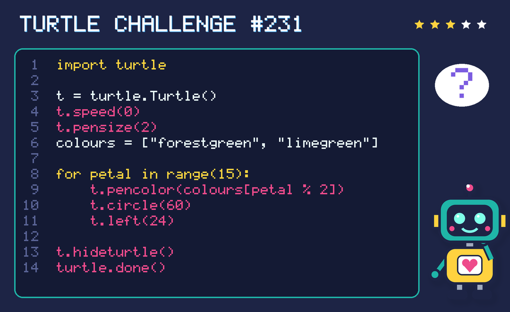 Turtle challenge 231: the code is shown below as text too.