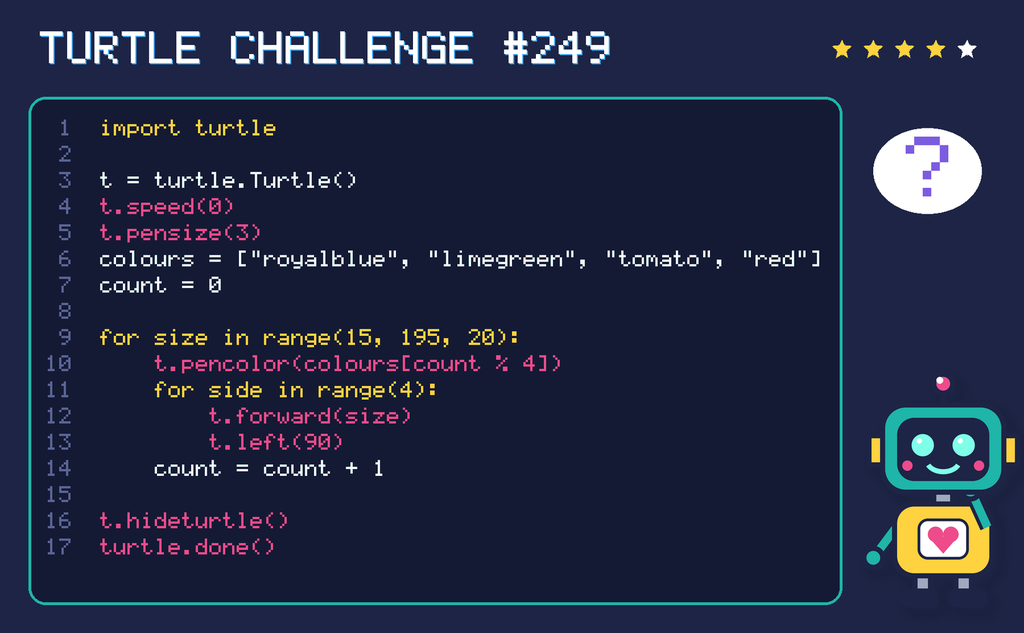 Turtle challenge 249: the code is shown below as text too.