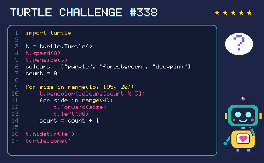 Turtle challenge 338: the code is shown below as text too.