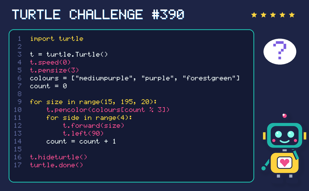 Turtle challenge 390: the code is shown below as text too.