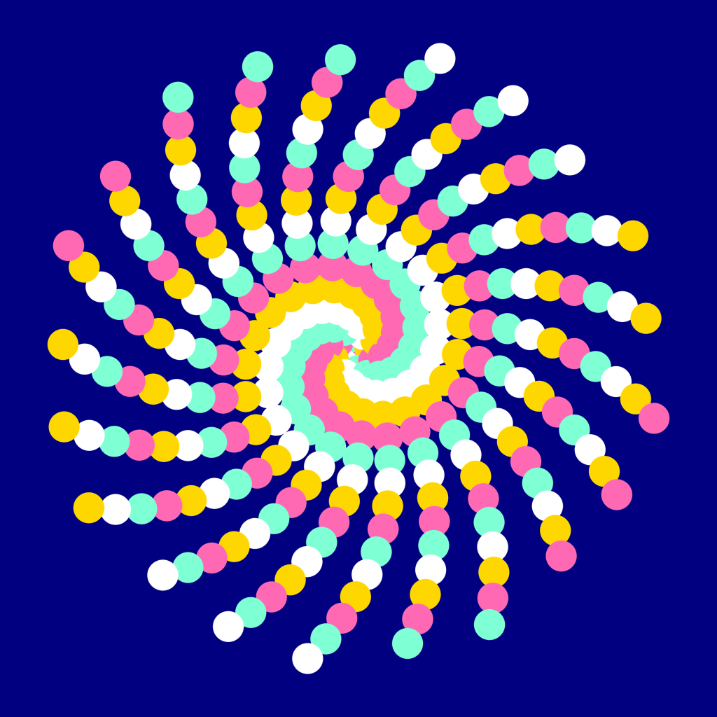 Dotty spiral: a pattern drawn by a Python turtle program