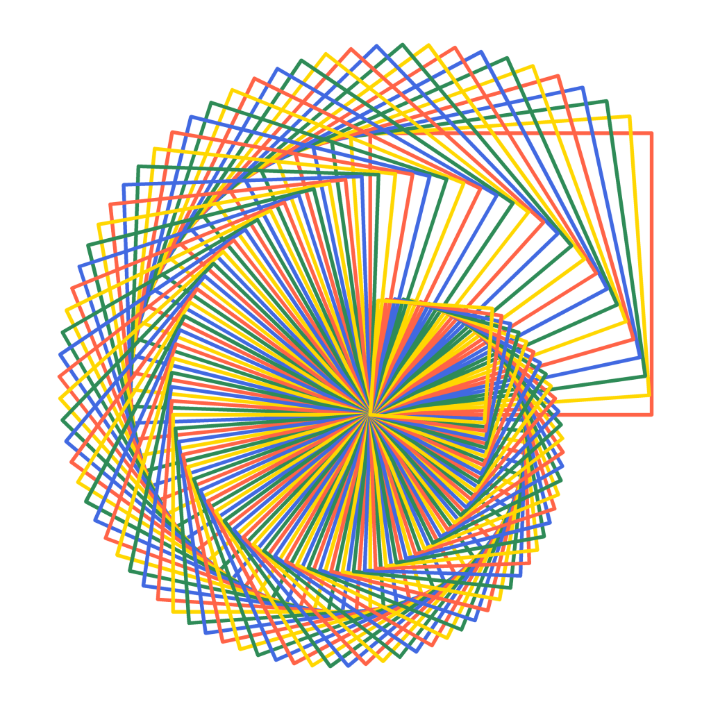 Twisting squares: a pattern drawn by a Python turtle program