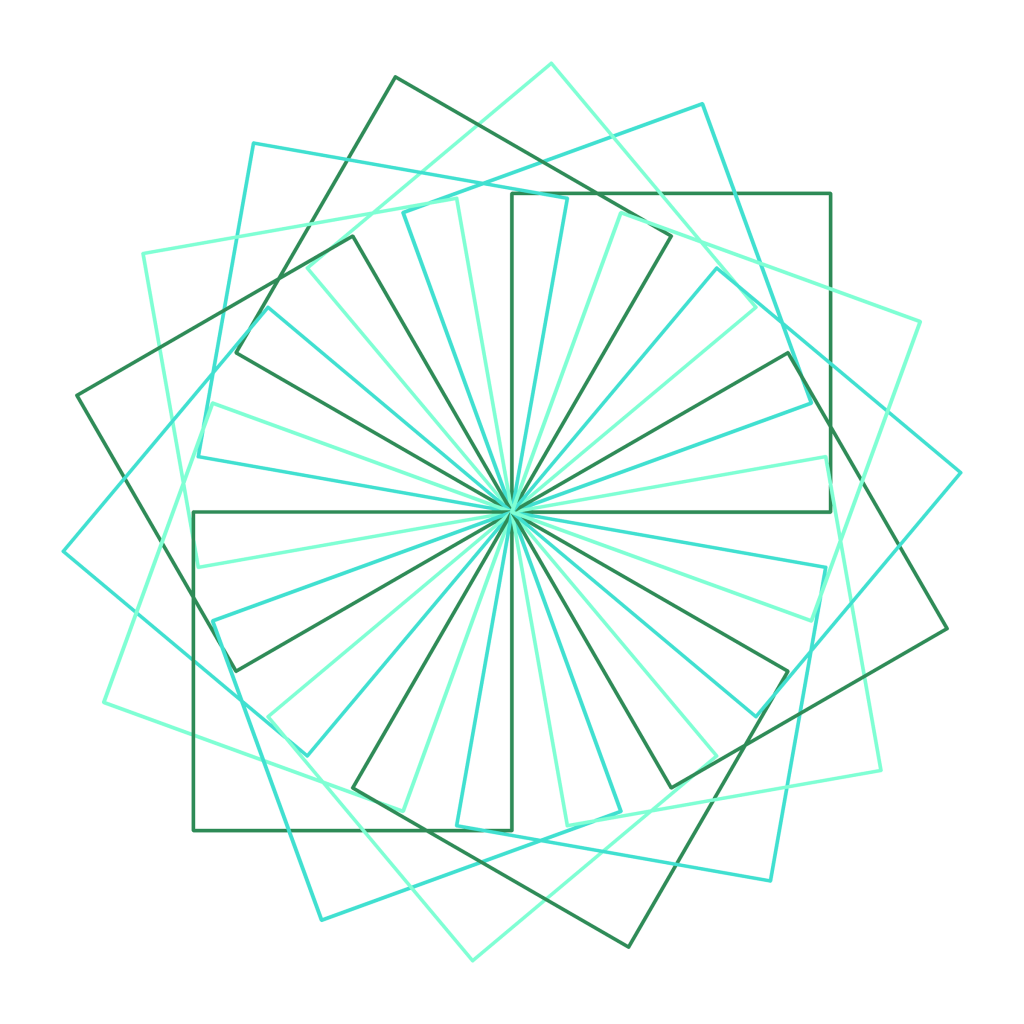 Fan of squares: a pattern drawn by a Python turtle program