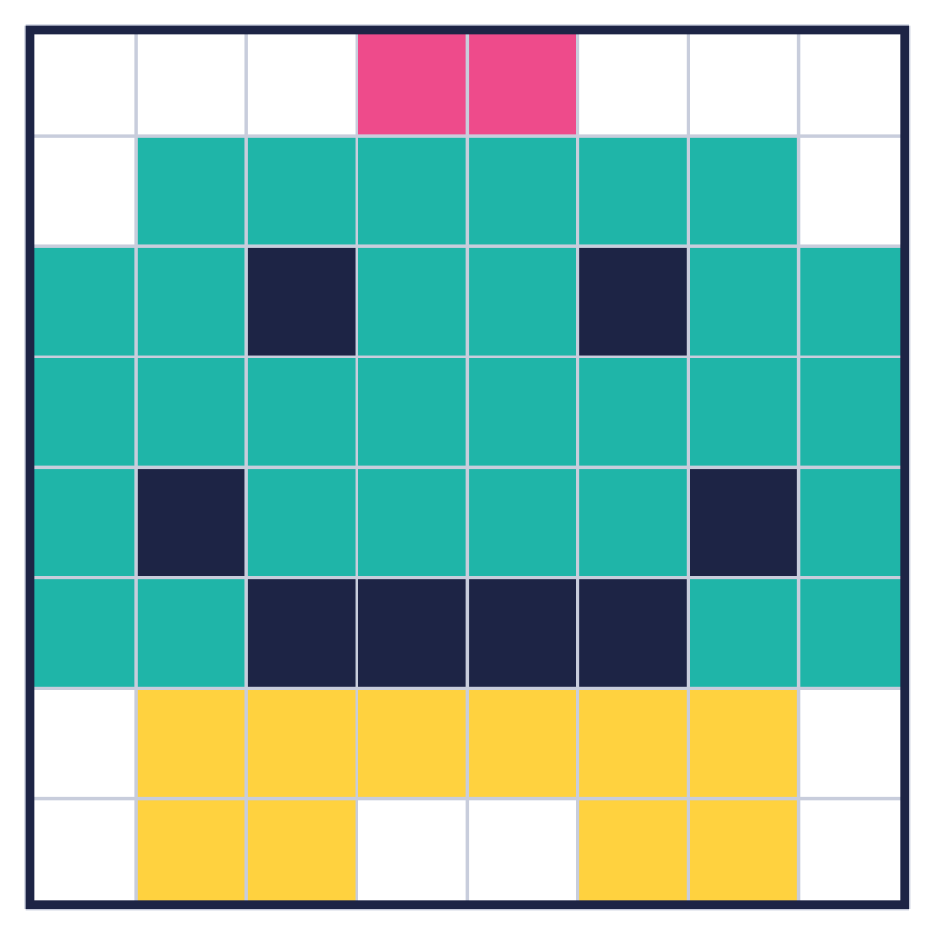 A pixel-art robot, 8 squares wide and 8 tall: a pink light on top, a turquoise head with two navy eyes and a smile, a yellow body and two yellow feet
