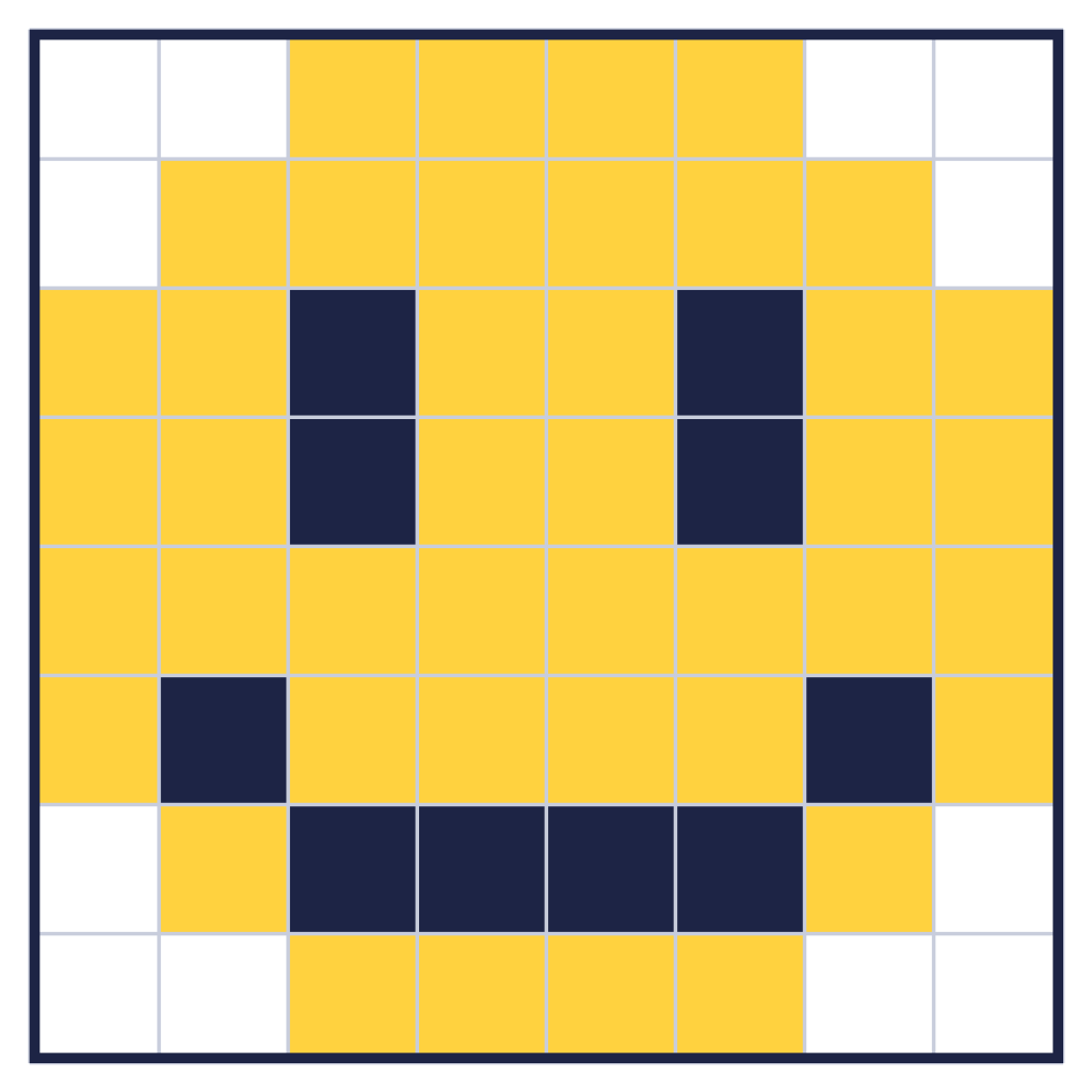A smiley face drawn with 64 square pixels, yellow with navy eyes and a navy smile